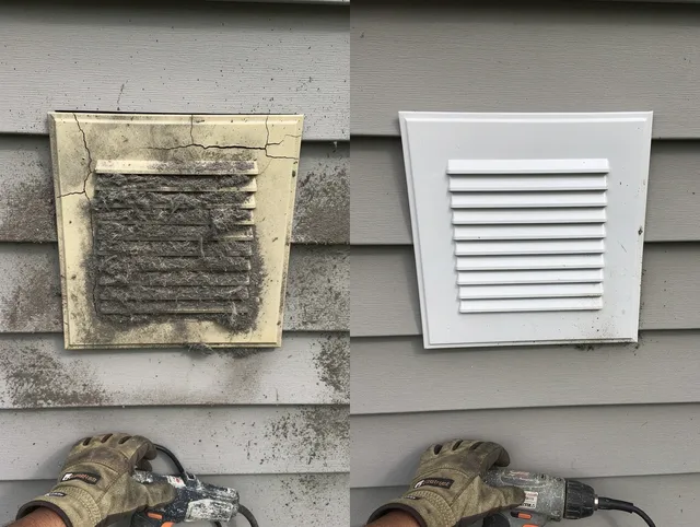 Foxborough Dryer Vent Cleaning technician installing high-quality dryer vent cover at a residential property in Foxborough